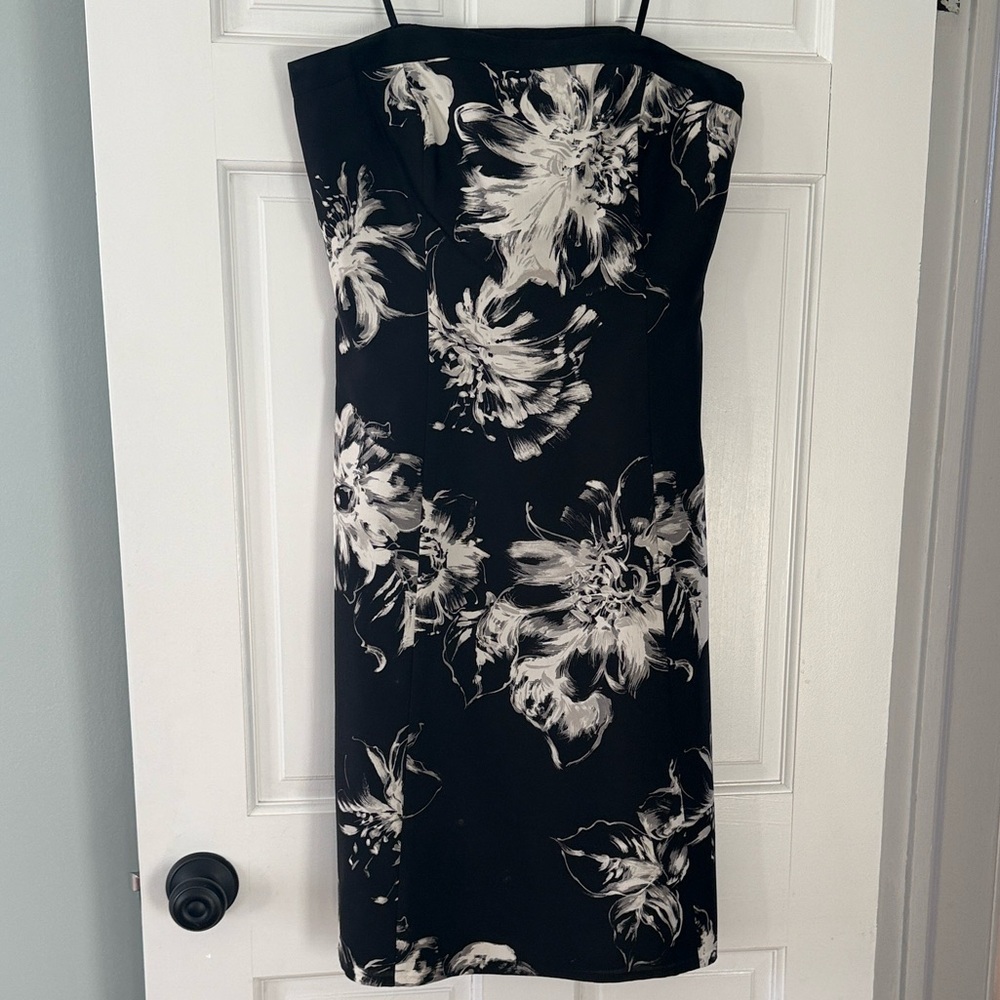 Ann Taylor Black and Cream Floral Strapless Silk Dress